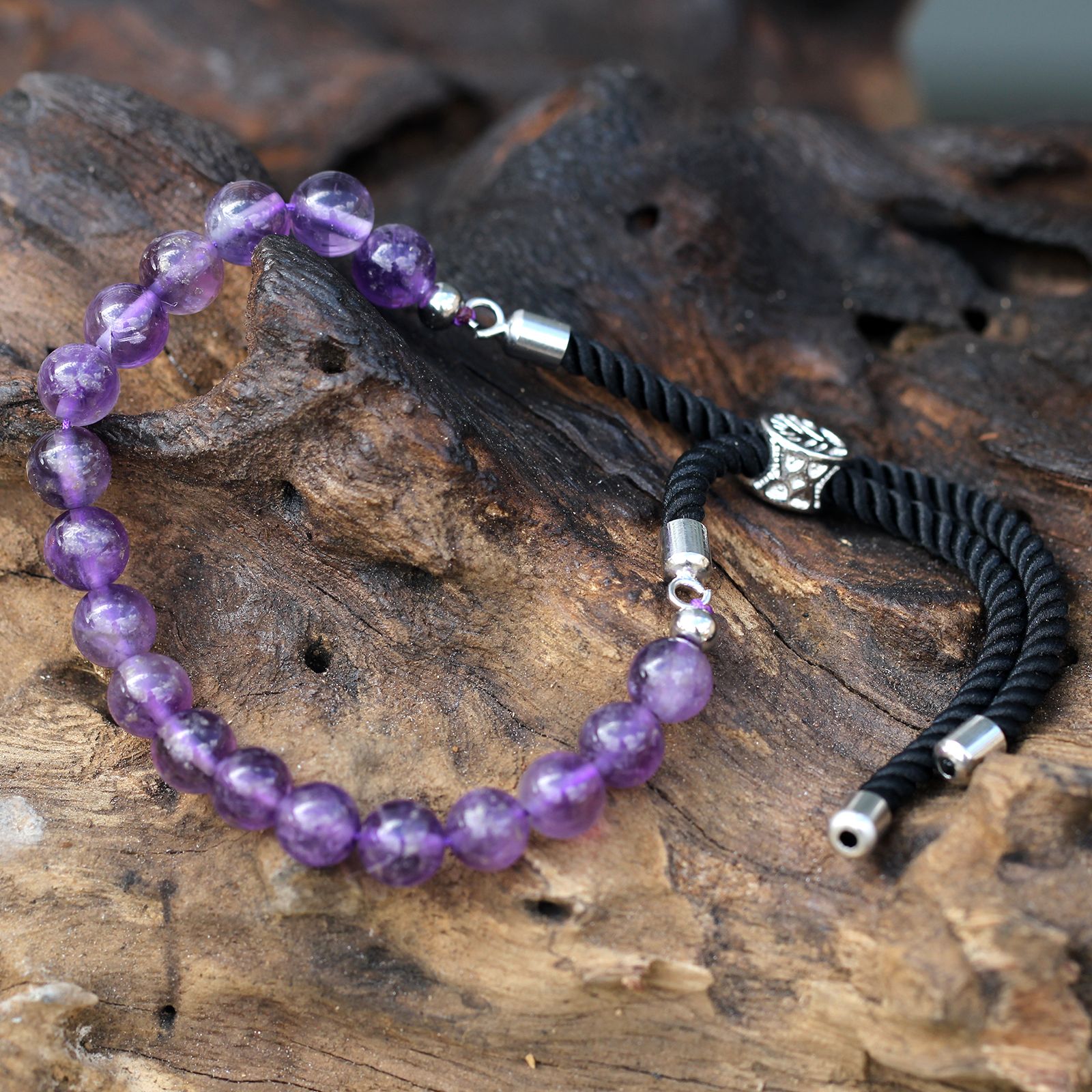 925 Silver Plated Gemstone Black String Bracelet - Amethyst - Image 2
