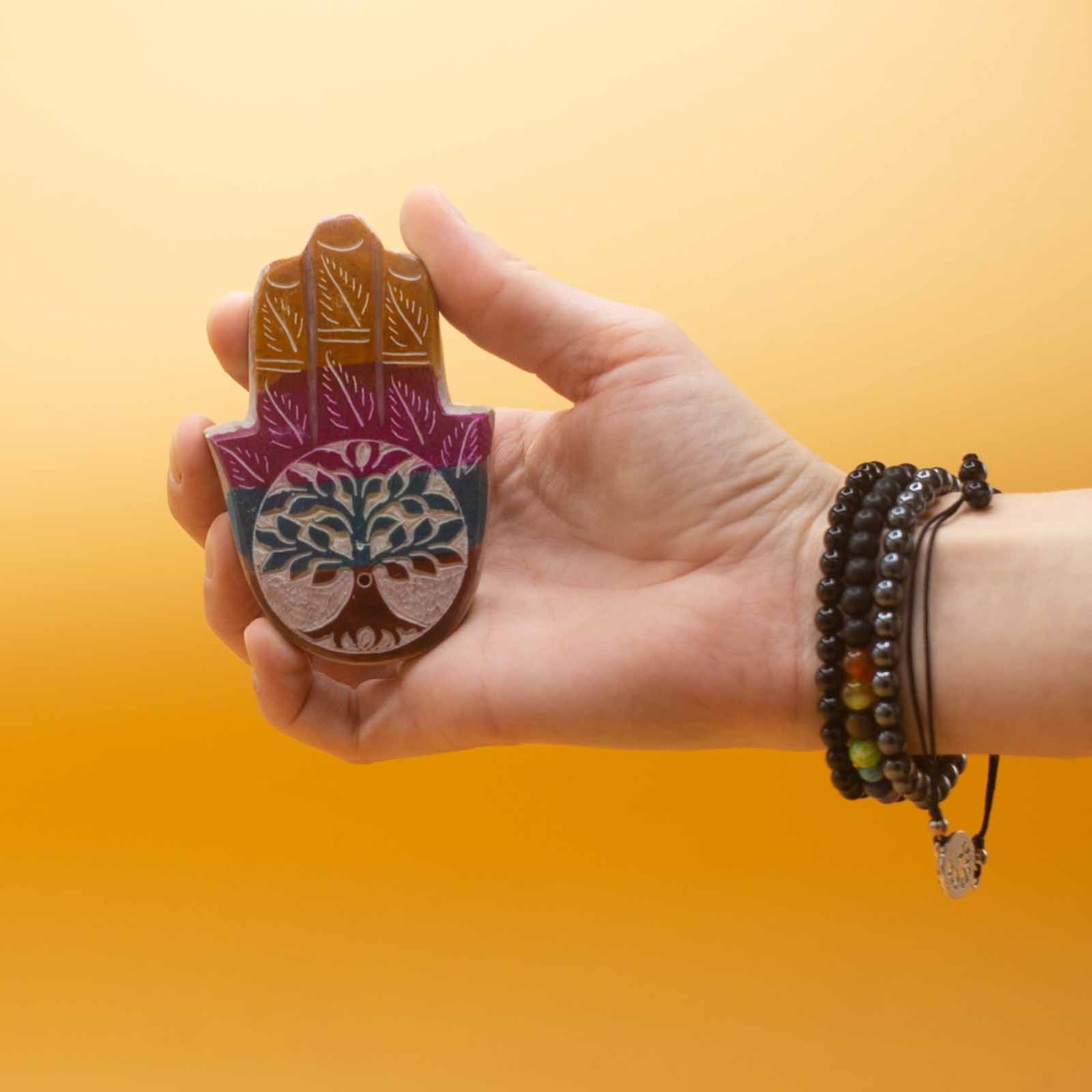 Soapstone Hamsa Incense Holder 9x6cm - Tree of Life - Image 2