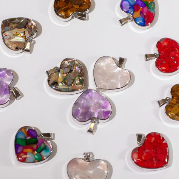 Steel Cased Pendant Hearts - 12 Assorted Gemstone Chips & Shells - Image 5