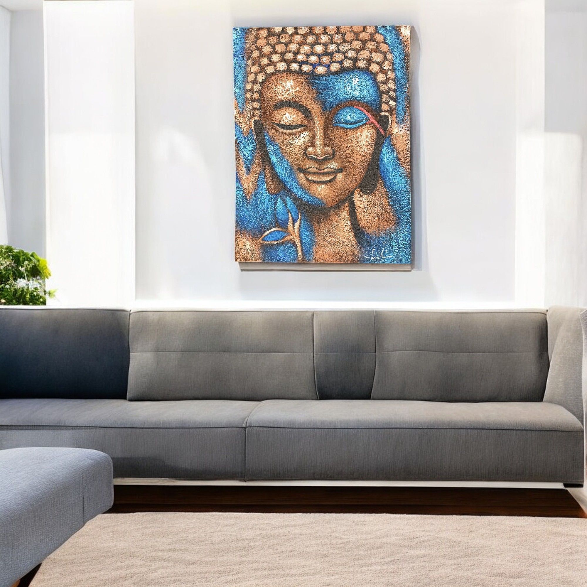 Buddha Painting - Bronze & Blue Flower 75x55cm - Image 3