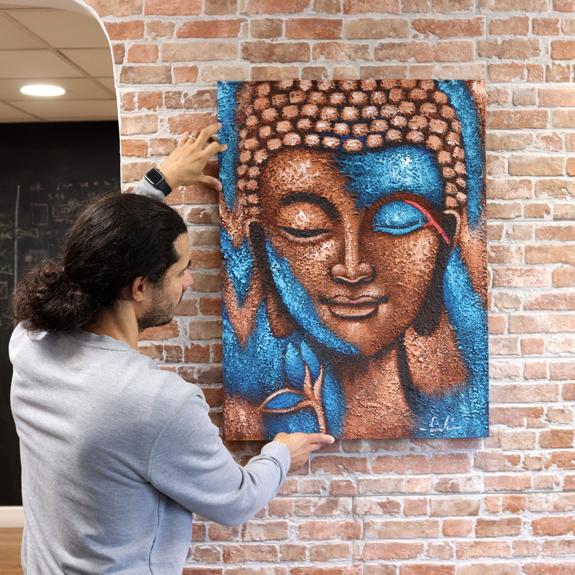 Buddha Painting - Bronze & Blue Flower 75x55cm - Image 4