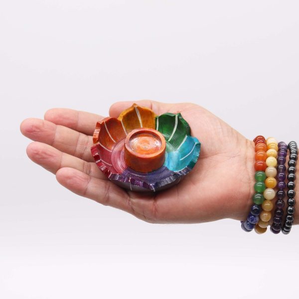 Soapstone Small Lotus Flower Incense Holder - Chakra Colours - Image 2