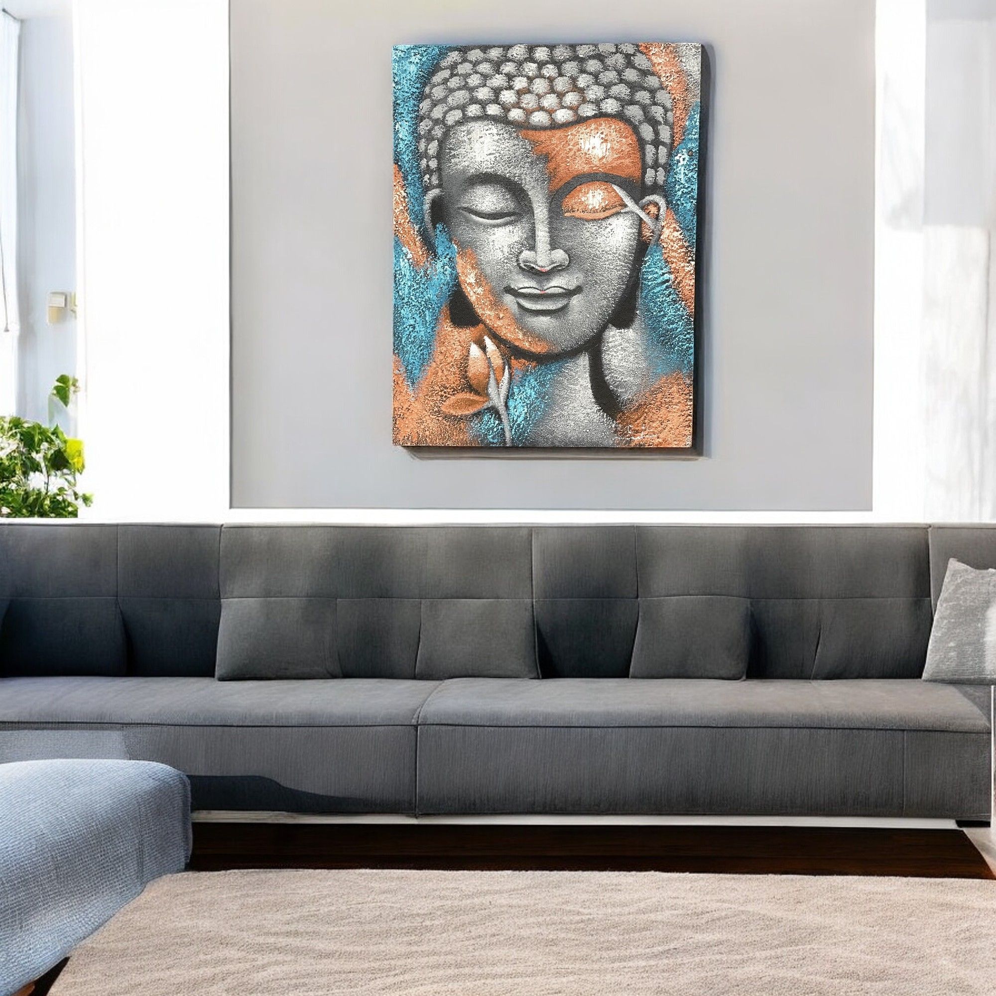 Buddha Painting - Silver & Rose Gold Flower 75x55cm - Image 2