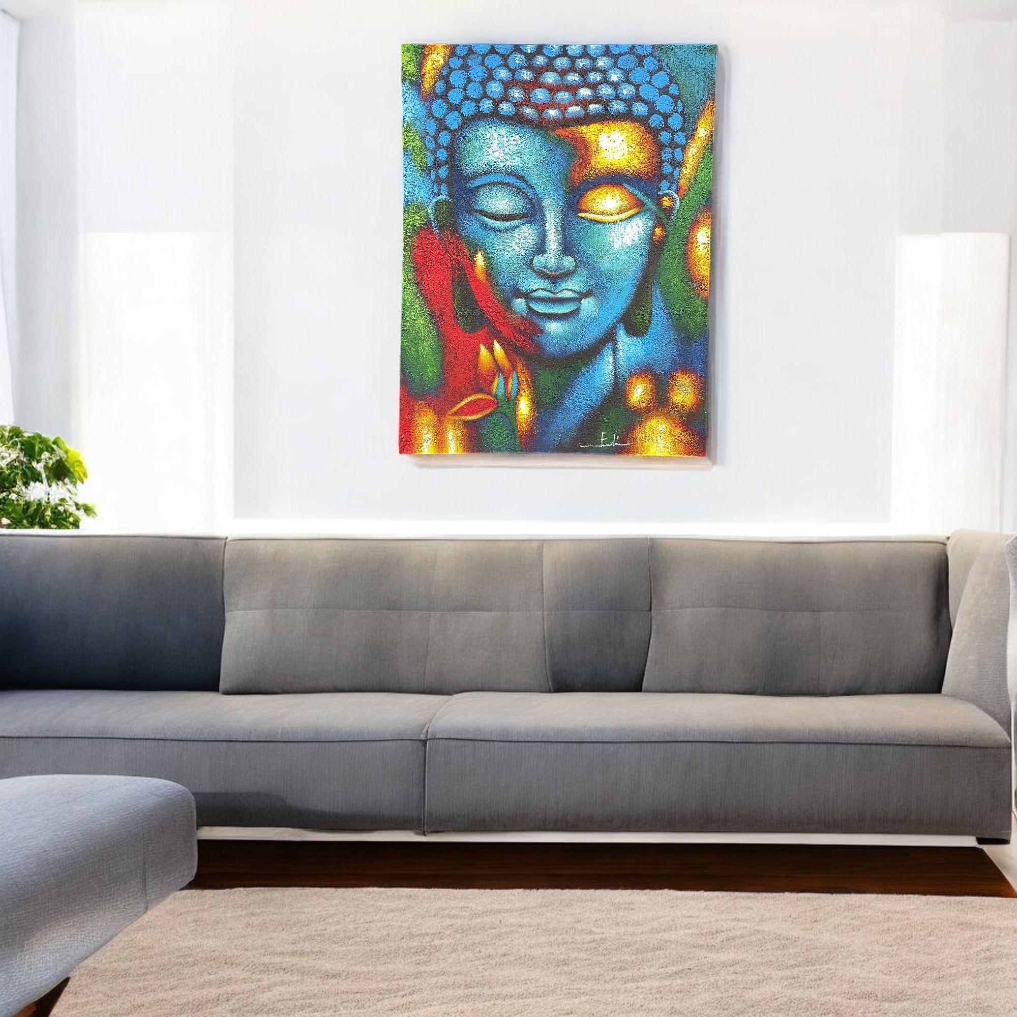 Buddha Painting - Blue & Gold Flower 75x55cm - Image 2