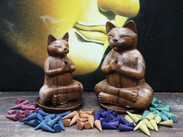 Wooden Carved Incense Burners - Lrg Yoga Cat - Image 5