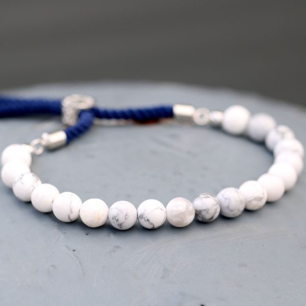 925 Silver Plated Gemstone Navy String Bracelet - White Howlite - Image 3