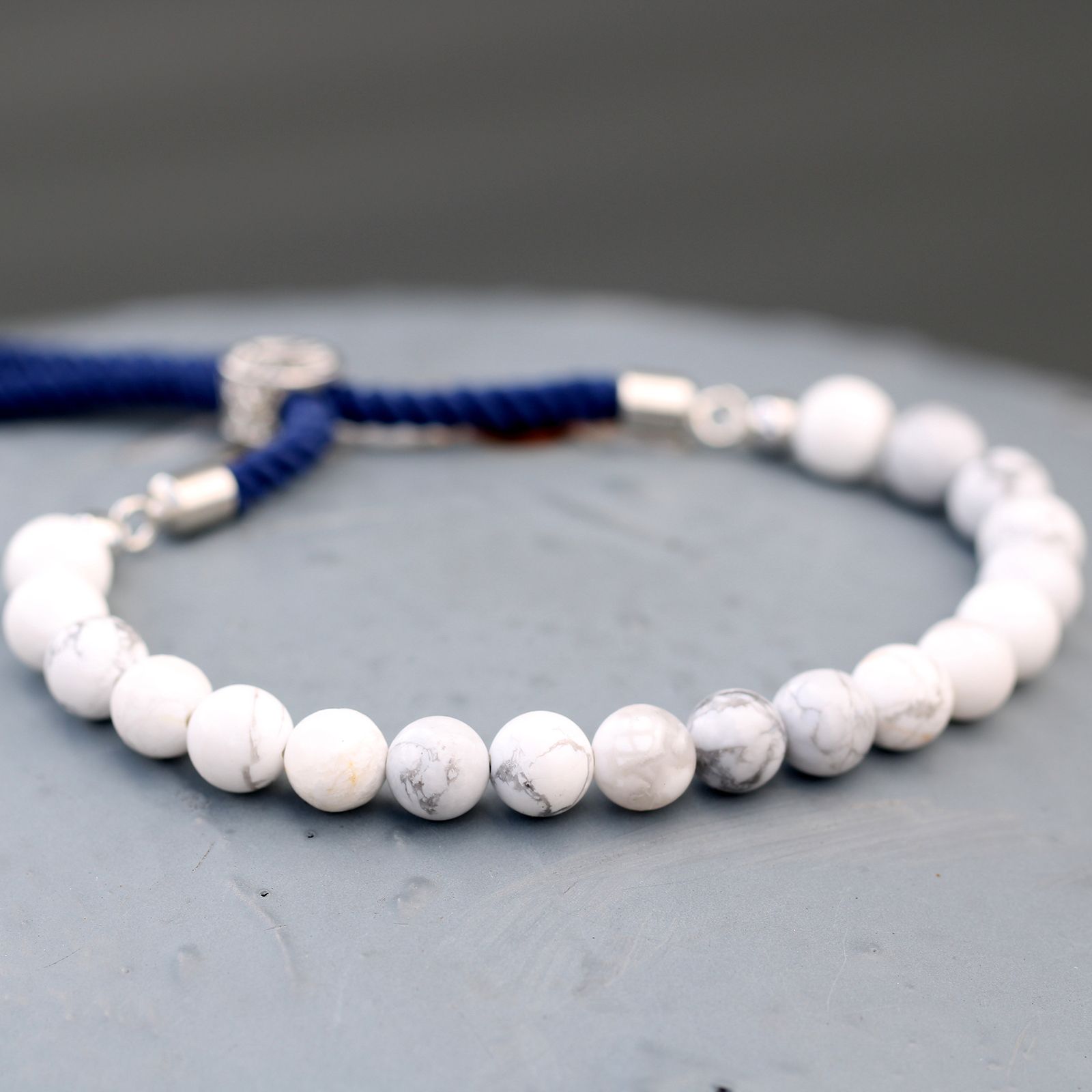 925 Silver Plated Gemstone Navy String Bracelet - White Howlite - Image 3