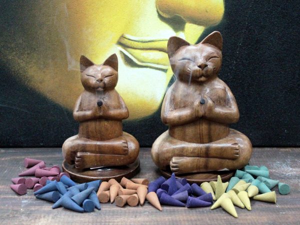 Wooden Carved Incense Burners - Med Yoga Cat - Image 2