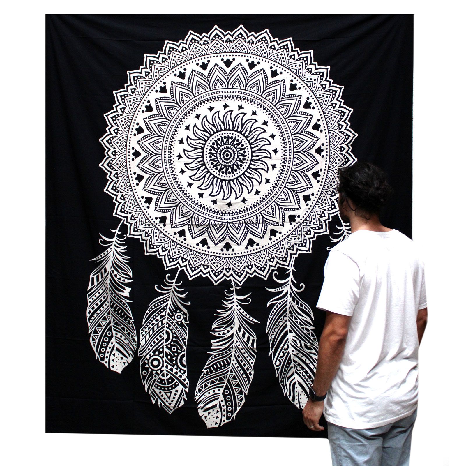 B&W Double Cotton Bedspread + Wall Hanging - Dreamcatcher - Image 2