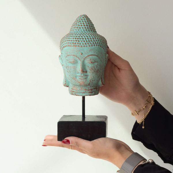 Stillness Buddha Head on Stand - Green Copper - Image 3