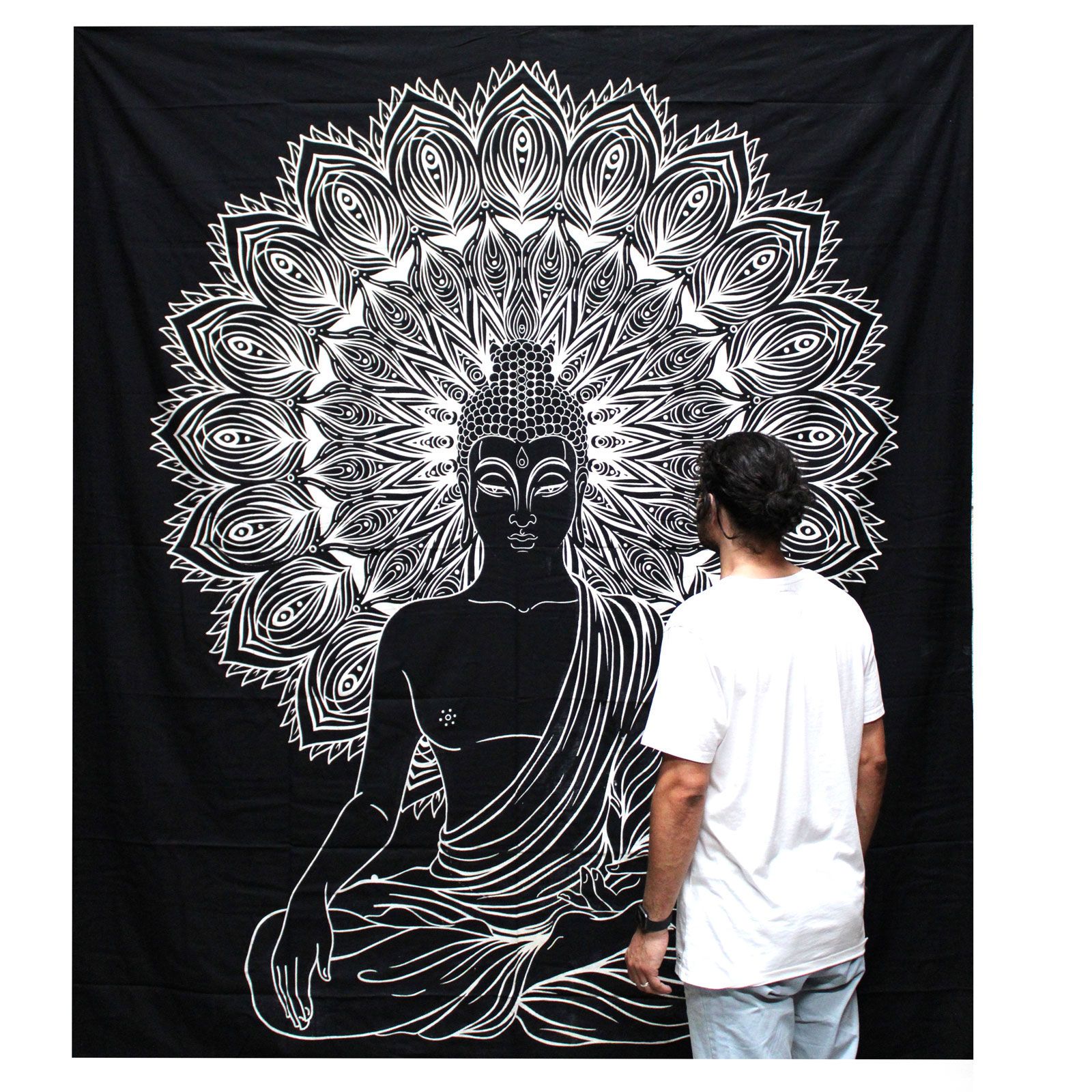 B&W Double Cotton Bedspread + Wall Hanging - Buddha - Image 2