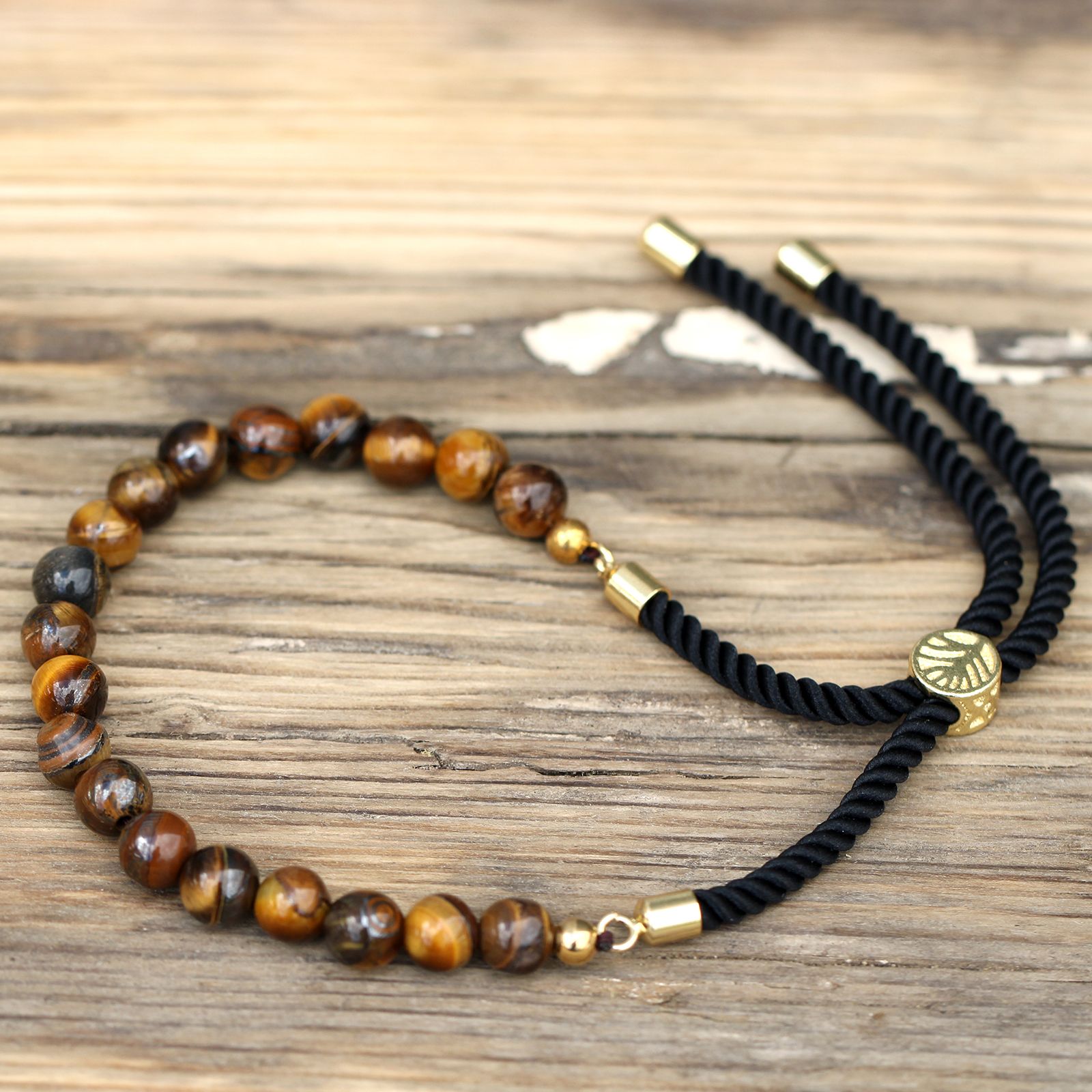 18K Gold Plated Gemstone Black String Bracelet - Tiger Eye - Image 2