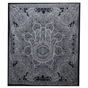 bG9jYWw6Ly9tZWRpYS9TTi9KQy82MFIzMEMxRzZNV0tKQ1NOLzI0NDFkNzVhLmpwZWc.jpg B&W Double Cotton Bedspread + Wall Hanging - Hamsa