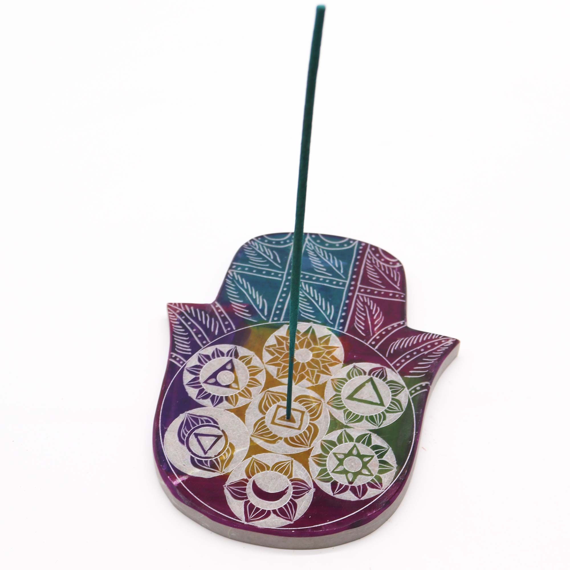 Soapstone Lrg Hamsa Incense Holder - 7 Chakra - Image 3
